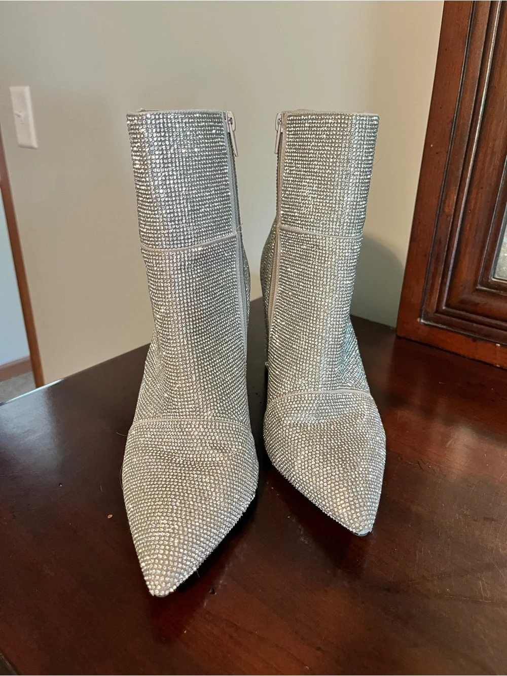 Madden Girl Silver Crystal Embellished Pointed Toe Block Heel Ankle Boots